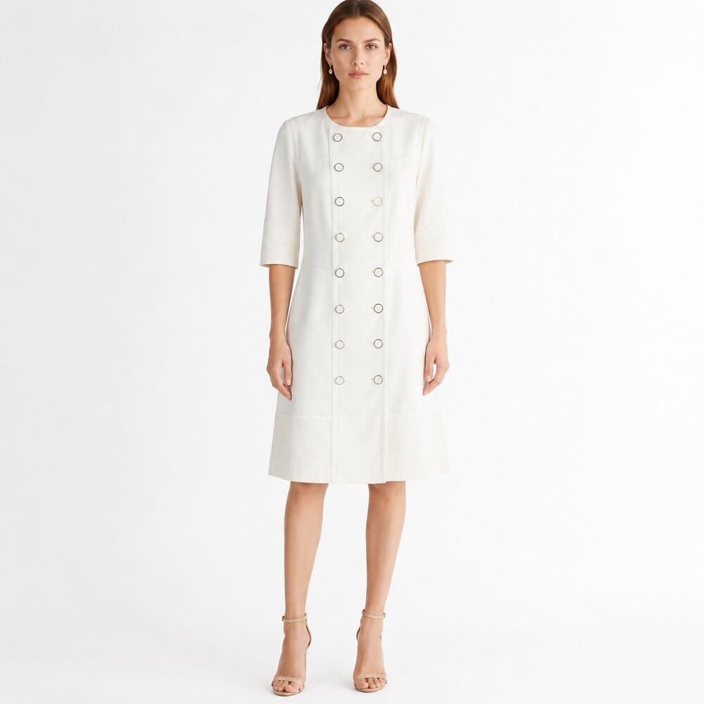 Lafayette 148 Double Breasted Dress Womens 4 Cream Wool Silk 3/4 Sleeve Tailored